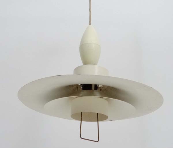 Vintage Retro : A  Danish Horn type 755  white finish rise and fall pendant lamp, labelled.  17 1/2"