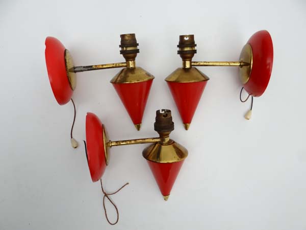 Vintage Retro : a set of 3 wall lights with pull cords , circular red plastic cone shaped bases,