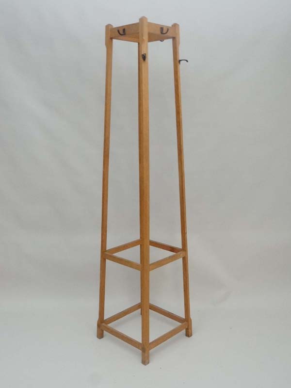 Vintage Retro : a British 1960's oak squared hat and coat stand with chamfered corners and coat - Image 2 of 5