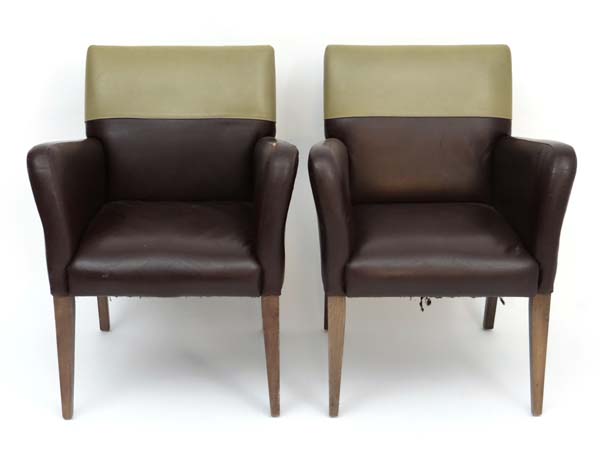 Vintage Retro : a pair of Modernist armchairs  with leather upholstery in brown and sage green