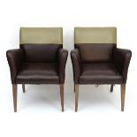 Vintage Retro : a pair of Modernist armchairs  with leather upholstery in brown and sage green