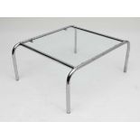 Vintage Retro : a chromed tubular and glass coffee table of squared form, the top 25 1/2" square and