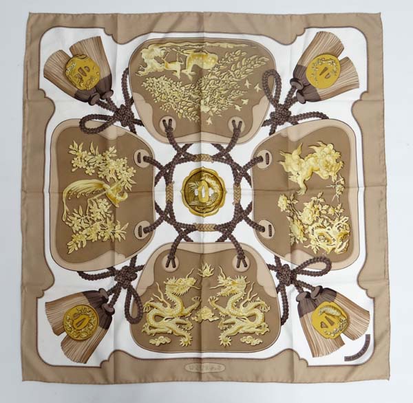 Vintage Hermes Silk "Tsubas" scarf , the beige and cream coloured ground with four brown and gold