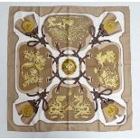 Vintage Hermes Silk "Tsubas" scarf , the beige and cream coloured ground with four brown and gold