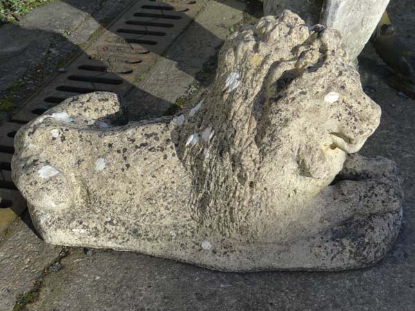 Garden and architectural : an old  composite stone figure of a couchant lion. Has two fixing holes - Image 6 of 6
