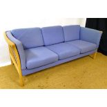 Vintage Retro : a Danish Stouby  3 seat sofa in blue upholstery with gated blonde wood ends and