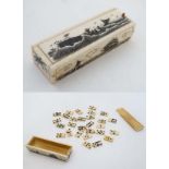 A Whalers Scrimshaw bone set of dominoes. A set of carved bone dominoes in case. The case decoration