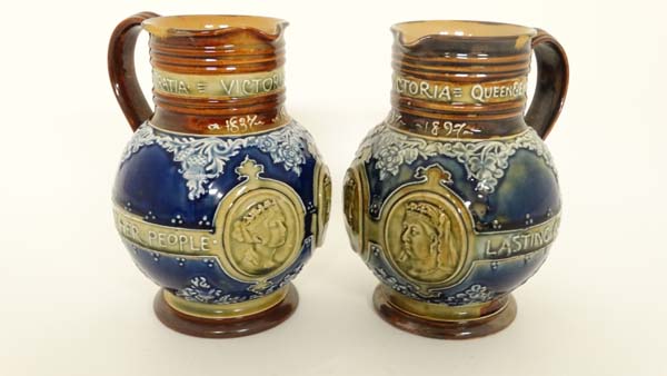 A Pair of Royal Doulton Lambeth stoneware commemorative jugs. Commemorating the Diamond Jubilee of - Image 4 of 9