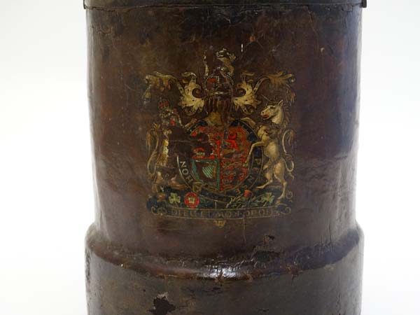 Militaria : A c1900 short Cordite carrier , cylindrical form with leather over cork construction , - Image 3 of 4
