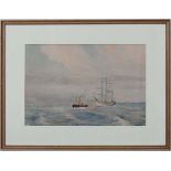 Frederick Campbell XX,
Watercolour,
A steam tug towing a 4 masted sailing ship,
Signed lower right