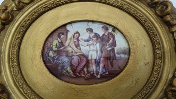 18thC - 19thC Convex Enamel on Copper : a gilt framed oval coloured enamel , with scene after - Image 3 of 5