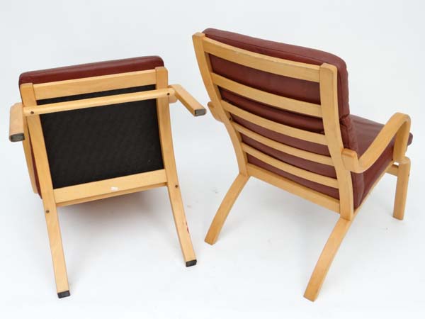 Vintage Retro : a pair of Danish Stouby leather open armchairs , with blonde  beech frame, Dark - Image 4 of 4