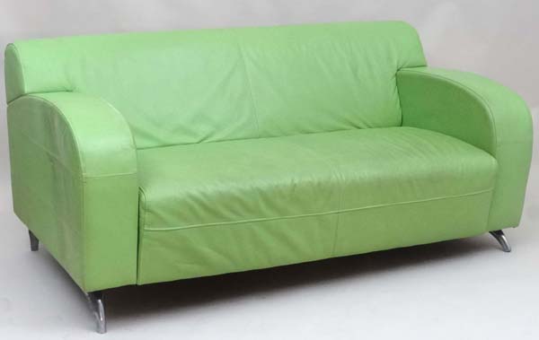 Vintage Retro : a contemporary lime green leather 2 seat sofa with cast aluminium feet, stitched - Image 3 of 7