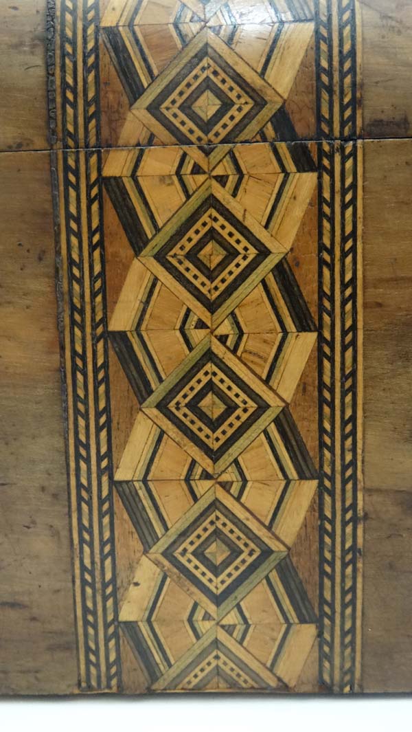 A mid 19thC walnut semi domed inlaid banded work box approx 10" wide CONDITION: Please Note -  we do - Image 2 of 7