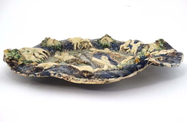 A polychrome figural majolica style dish, possibly by a follower of Bernard Pallisy, moulded in - Image 13 of 14