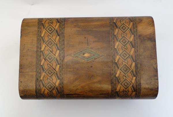 A mid 19thC walnut semi domed inlaid banded work box approx 10" wide CONDITION: Please Note -  we do - Image 4 of 7