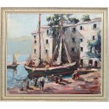 T.Molma ? XX,
Oil on board,
A moored French fishing boat with figures and buildings,
Signed lower