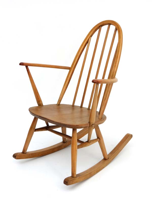 Vintage Retro : a British Ercol 1960 elm and beech ( blonde) Windsor Fireside rocking chair , on