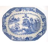 An early 19thC blue and white ironstone meat plate with well, 15 3/4" wide, marked beneath '