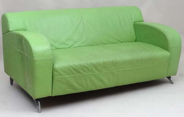 Vintage Retro : a contemporary lime green leather 2 seat sofa with cast aluminium feet, stitched - Image 6 of 7