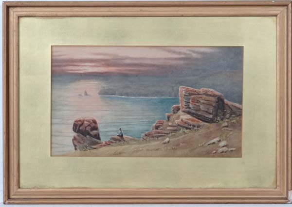 Manner of A Dunnington c. 1900,
Watercolour,
Watching a setting sun at seas edge
7 x 12"
 CONDITION: