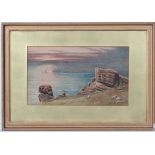 Manner of A Dunnington c. 1900,
Watercolour,
Watching a setting sun at seas edge
7 x 12"
 CONDITION: