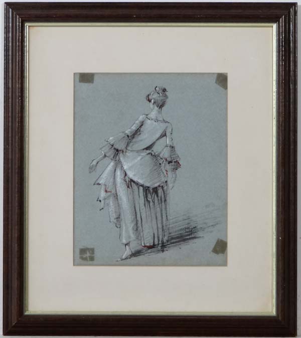 (XVII / XIX) English School,
Pen ink watercolour and gouache ,
Rear view of a lady ,
Unsigned, on