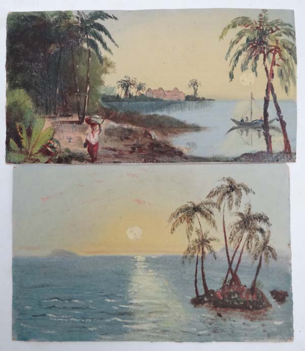 Two small oil paintings on card , tropical scenes , removed from a scrap book c 1890 (2) Each