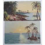 Two small oil paintings on card , tropical scenes , removed from a scrap book c 1890 (2) Each