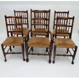 Lancashire Spindleback chairs : A Contemporary set of 6 ( 5+1) envelope rush seated oak chairs . The