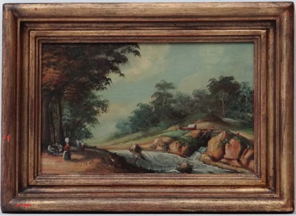 M Pirge XX,
Oil on copper,
Figures by a river,
Signed lower left
5 1/2 x 9"
 CONDITION: Please