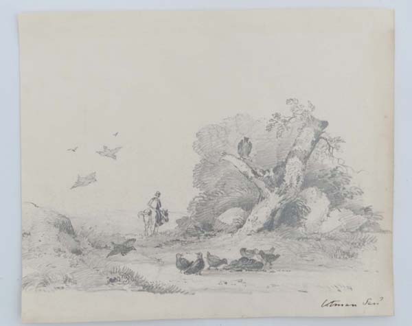 Manner of John Sell Cotman,
Pencil on paper XVIII/ XIX,
Partridge on a track with a traveller on a