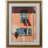 J. S. XXI French School,
Oil on board ,
Mediterranean red building with white shutters etc.