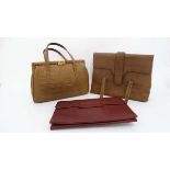 Vintage Handbags : A crocodile skin handbag together with a Vintage silk lined leather handbag and a