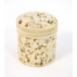 A late 19thC Cantonese carved ivory screw lidded cylindrical box 1 1/8" high  CONDITION: Please Note