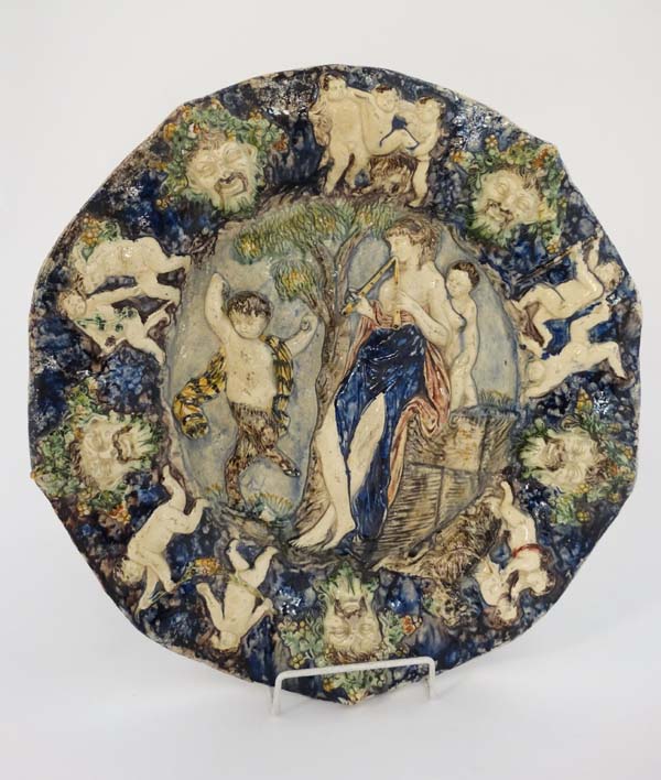 A polychrome figural majolica style dish, possibly by a follower of Bernard Pallisy, moulded in - Image 10 of 14