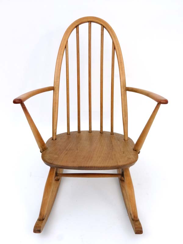 Vintage Retro : a British Ercol 1960 elm and beech ( blonde) Windsor Fireside rocking chair , on - Image 2 of 5