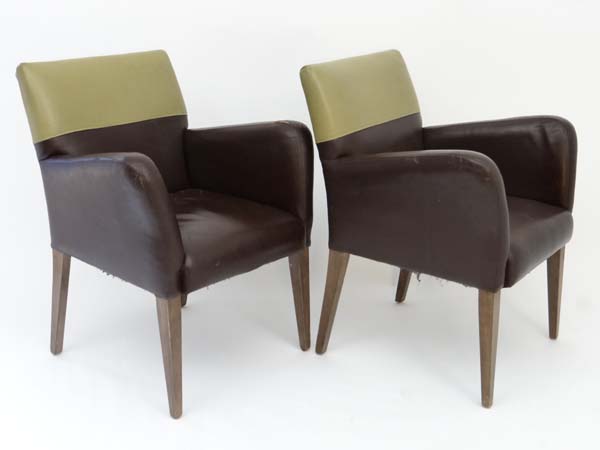 Vintage Retro : a pair of Modernist armchairs  with leather upholstery in brown and sage green - Image 5 of 5