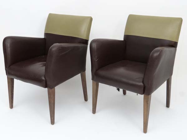 Vintage Retro : a pair of Modernist armchairs  with leather upholstery in brown and sage green - Image 3 of 5