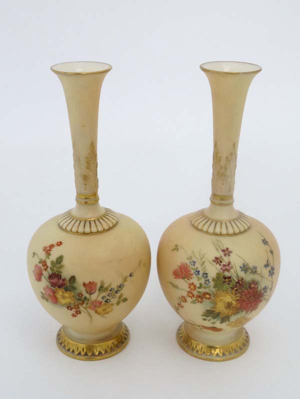 Two Royal Worcester blush ivory bottle vases, of globular form with high slender necks. Decorated - Image 3 of 13