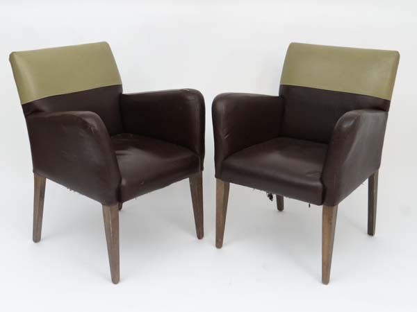 Vintage Retro : a pair of Modernist armchairs  with leather upholstery in brown and sage green - Image 4 of 5