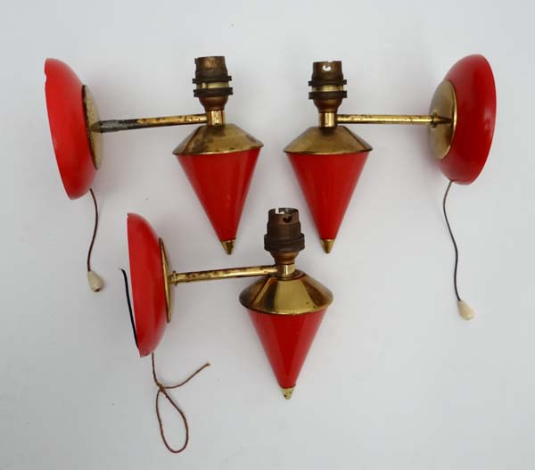 Vintage Retro : a set of 3 wall lights with pull cords , circular red plastic cone shaped bases, - Image 2 of 2