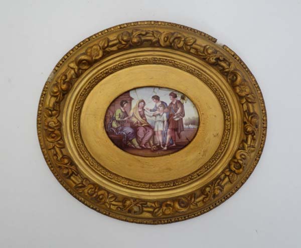 18thC - 19thC Convex Enamel on Copper : a gilt framed oval coloured enamel , with scene after