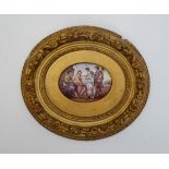 18thC - 19thC Convex Enamel on Copper : a gilt framed oval coloured enamel , with scene after
