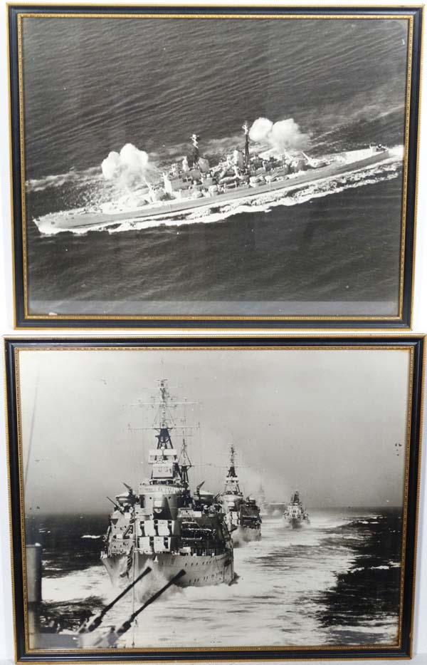 WWII : A pair of large framed Royal Naval monochrome photographs of ships on active service , one