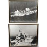 WWII : A pair of large framed Royal Naval monochrome photographs of ships on active service , one