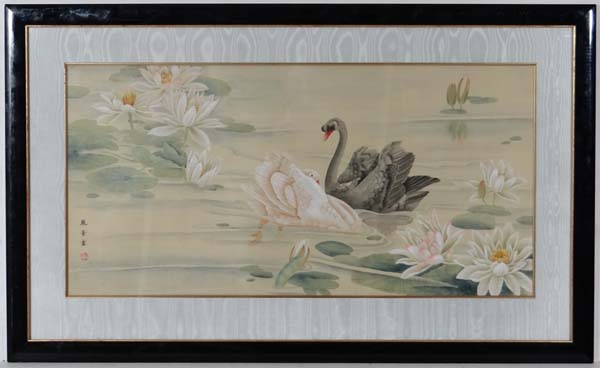 Chinese School,
watercolour on silk, 
Swans  and flowering water lillies,
Signed with characters and