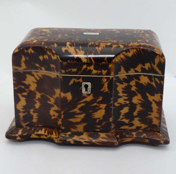 An early 19thC blonde tortoiseshell tea caddy  with cupids bow shaped front , the lid opening to - Image 3 of 7