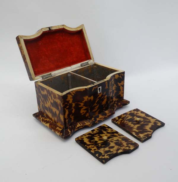 An early 19thC blonde tortoiseshell tea caddy  with cupids bow shaped front , the lid opening to - Image 7 of 7