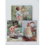 Lily White XX,
3 oil on boards,
Party Dress , Birds in a cage & child in a bathing bowl,
One